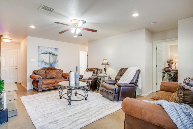 living room with ceiling fan