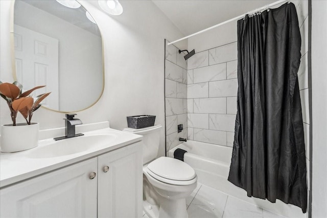 full bathroom featuring toilet, vanity, and shower / bathtub combination with curtain