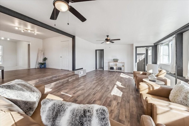 living room featuring ceiling fan and hardwood / wood-style floors