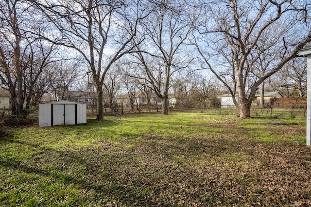 view of yard featuring a storage unit