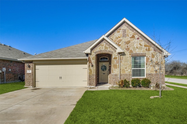 view of front of property with an attached garage, brick siding, concrete driveway, stone siding, and a front lawn