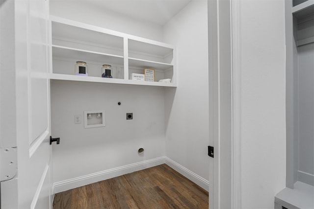 laundry area with hookup for an electric dryer, gas dryer hookup, dark hardwood / wood-style flooring, and washer hookup