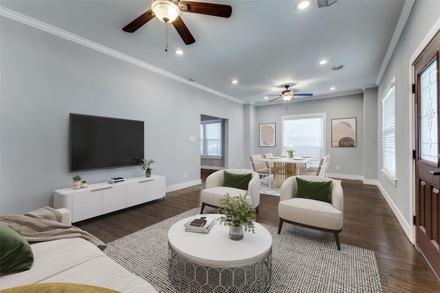 living room featuring dark wood-type flooring, ceiling fan, and crown molding