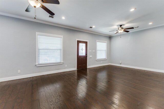 living room featuring crown molding, ceiling fan, and dark hardwood / wood-style floors