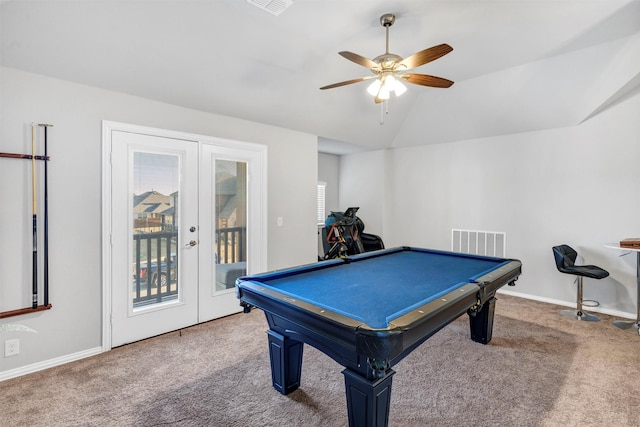 rec room with pool table, french doors, lofted ceiling, carpet flooring, and ceiling fan