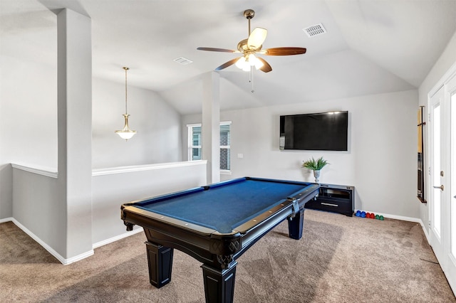 game room with billiards, ceiling fan, vaulted ceiling, and carpet floors