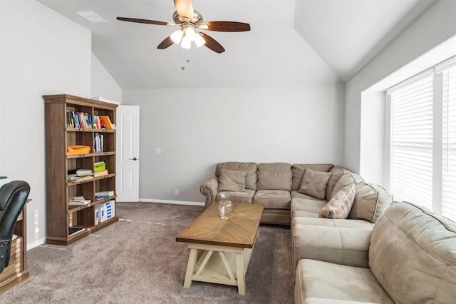 living room featuring carpet flooring, ceiling fan, a healthy amount of sunlight, and lofted ceiling