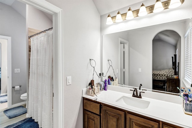 bathroom featuring toilet, a shower with curtain, and vanity