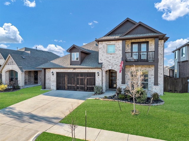 view of front of home with a balcony and a front yard