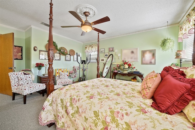 bedroom featuring a textured ceiling, ceiling fan, crown molding, and carpet flooring