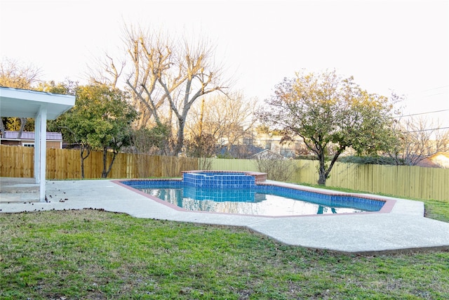 view of pool with a yard, a fenced backyard, and a pool with connected hot tub