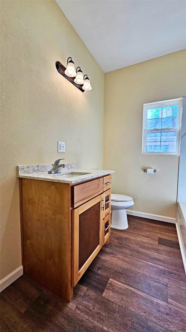 bathroom with toilet, hardwood / wood-style flooring, and vanity