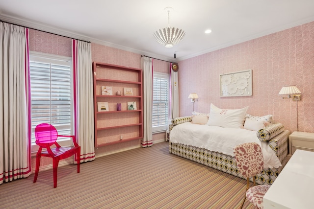 bedroom featuring crown molding and carpet flooring