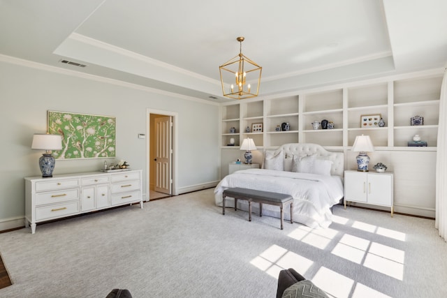 bedroom featuring a raised ceiling, an inviting chandelier, light carpet, and ornamental molding