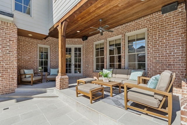 view of patio featuring ceiling fan, french doors, and outdoor lounge area