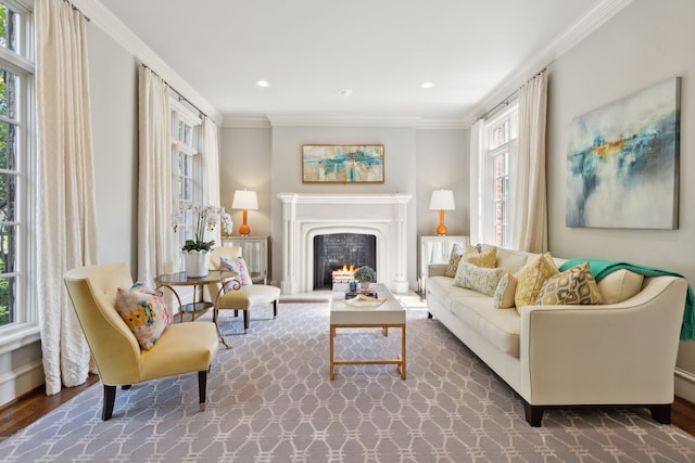 living room with hardwood / wood-style floors and ornamental molding