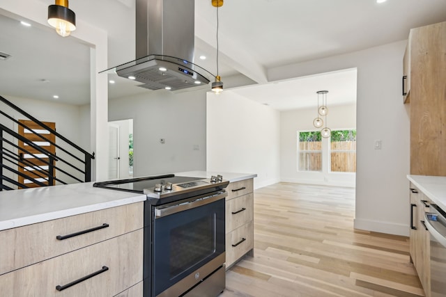 kitchen featuring island range hood, decorative light fixtures, light brown cabinetry, appliances with stainless steel finishes, and beamed ceiling