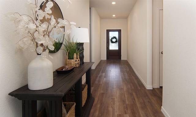 doorway to outside featuring dark wood-type flooring