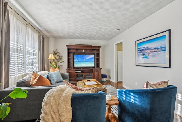 living room featuring wood finished floors, visible vents, and baseboards