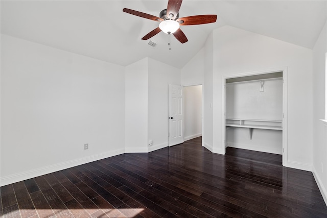 unfurnished bedroom featuring ceiling fan, a closet, and dark hardwood / wood-style floors