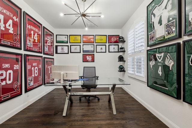 office featuring an inviting chandelier and hardwood / wood-style floors