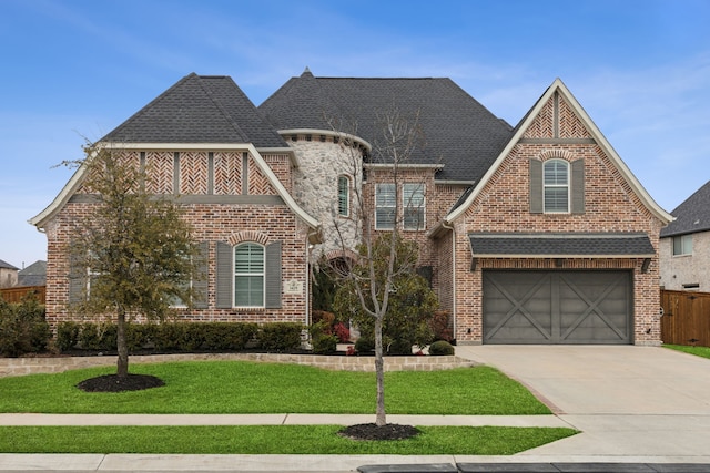 tudor home with a garage and a front lawn