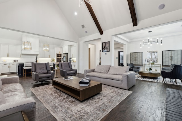 living room featuring an inviting chandelier, dark hardwood / wood-style floors, high vaulted ceiling, and beam ceiling