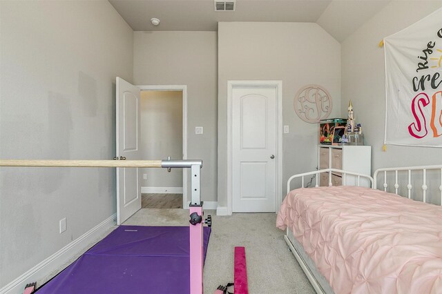 bedroom featuring lofted ceiling and carpet