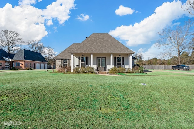 view of front of home featuring covered porch and a front lawn