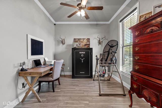 office with ornamental molding, ceiling fan, and light hardwood / wood-style floors