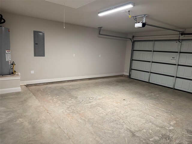 garage featuring a garage door opener, electric panel, and water heater