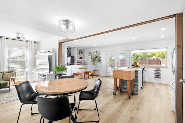 dining space featuring french doors, light hardwood / wood-style floors, and plenty of natural light