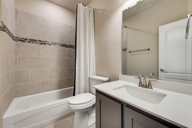 full bathroom with toilet, shower / tub combo with curtain, and vanity