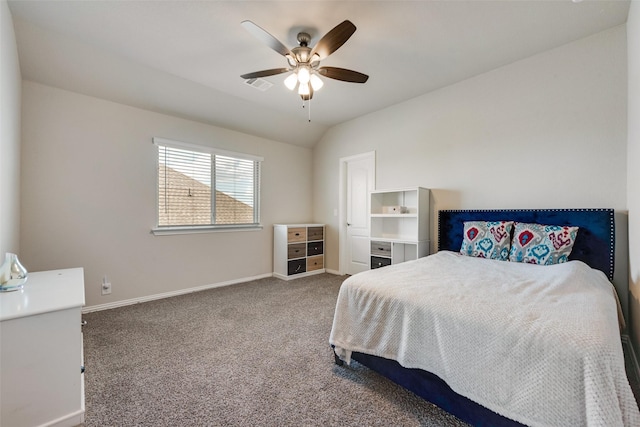 carpeted bedroom with ceiling fan and lofted ceiling