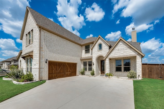 french country style house with a garage and a front lawn