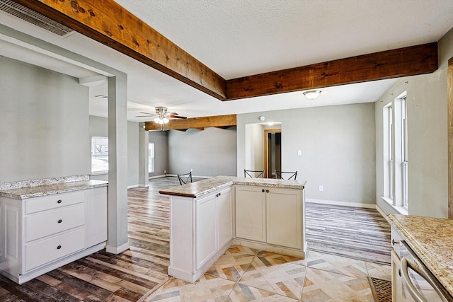 kitchen featuring white cabinets, ceiling fan, stainless steel dishwasher, and kitchen peninsula