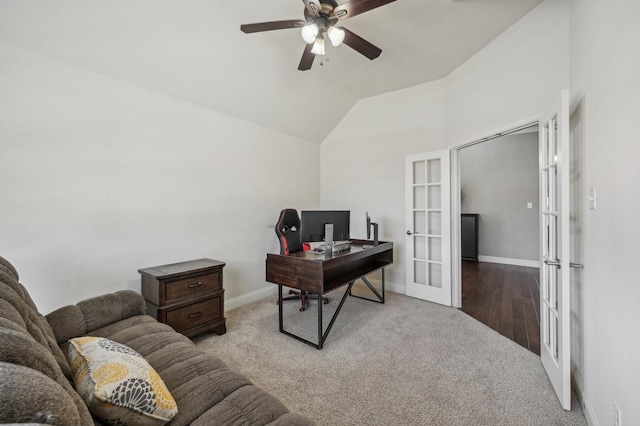 carpeted office with lofted ceiling, french doors, and ceiling fan