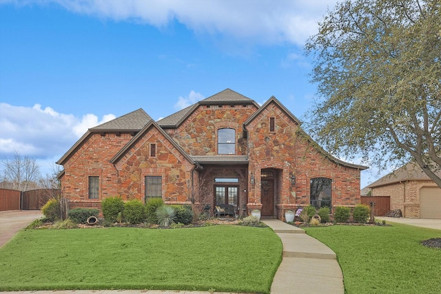 view of front of home featuring a garage, a front lawn, and french doors