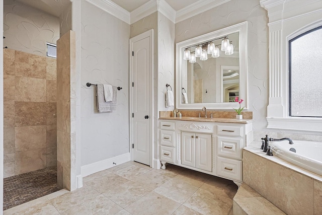 bathroom featuring a wealth of natural light, vanity, ornamental molding, and independent shower and bath