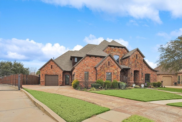 view of front of home with a front yard and a garage