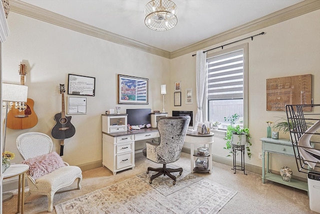 carpeted home office with an inviting chandelier and crown molding