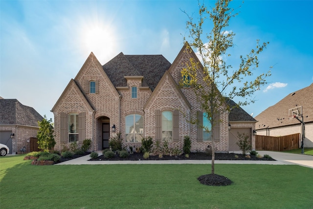 view of front of house featuring a front lawn and a garage