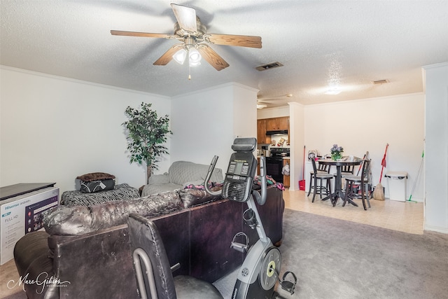 living room with ceiling fan, crown molding, and a textured ceiling