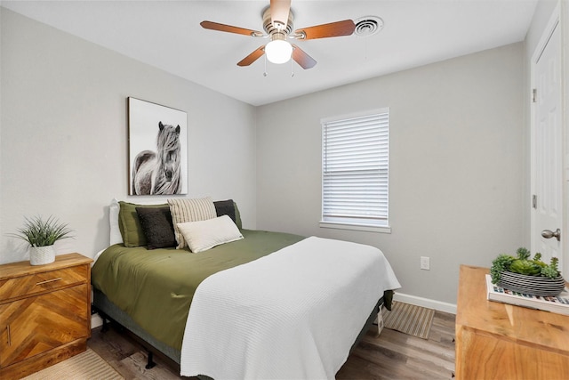 bedroom featuring ceiling fan and light hardwood / wood-style flooring