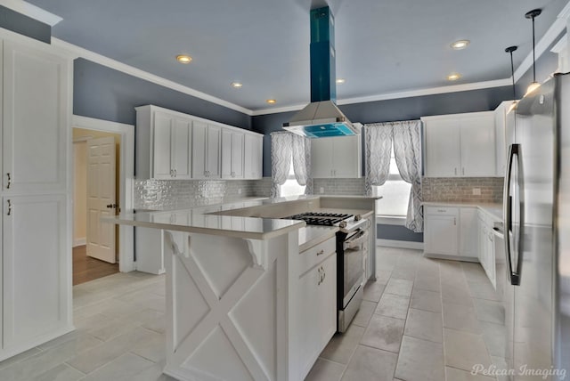 kitchen featuring white cabinetry, island range hood, a center island, ornamental molding, and stainless steel appliances