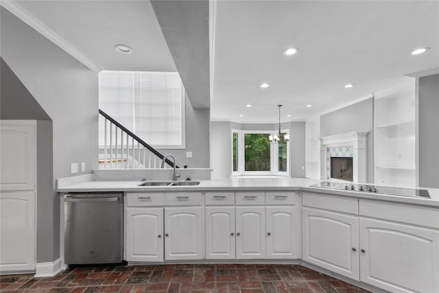 kitchen featuring stainless steel dishwasher, black electric cooktop, crown molding, white cabinetry, and sink