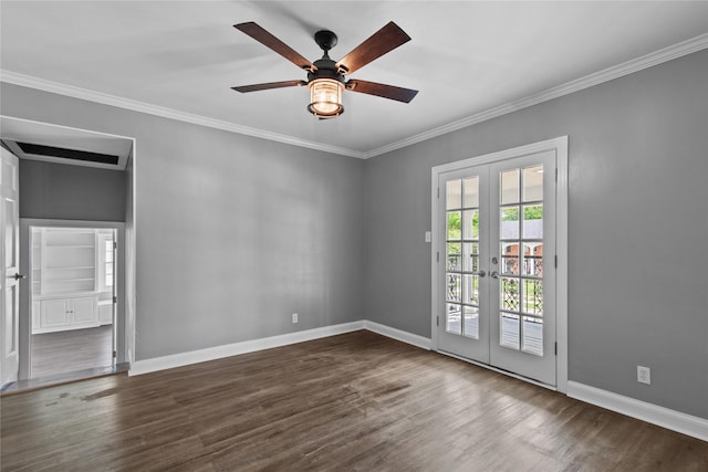 spare room with french doors, ceiling fan, crown molding, and dark hardwood / wood-style floors