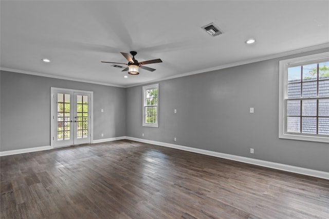 unfurnished room with ornamental molding, ceiling fan, french doors, and plenty of natural light