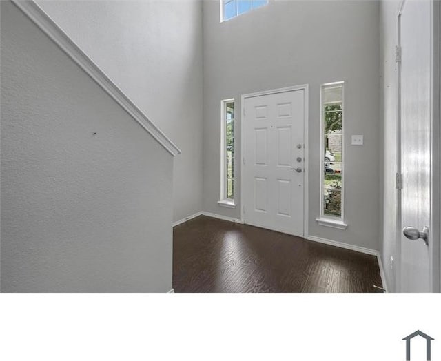 foyer entrance with dark hardwood / wood-style flooring, a towering ceiling, and a healthy amount of sunlight