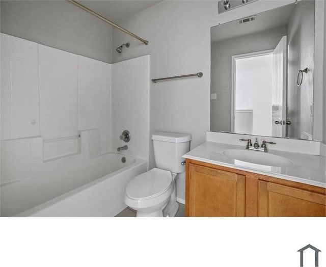 full bathroom featuring toilet,  shower combination, and vanity